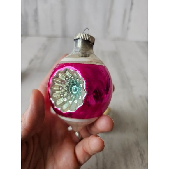 Radko shiny Brite double pink indent teardrop flocked Mercury glass ornament set - Picture 4 of 16